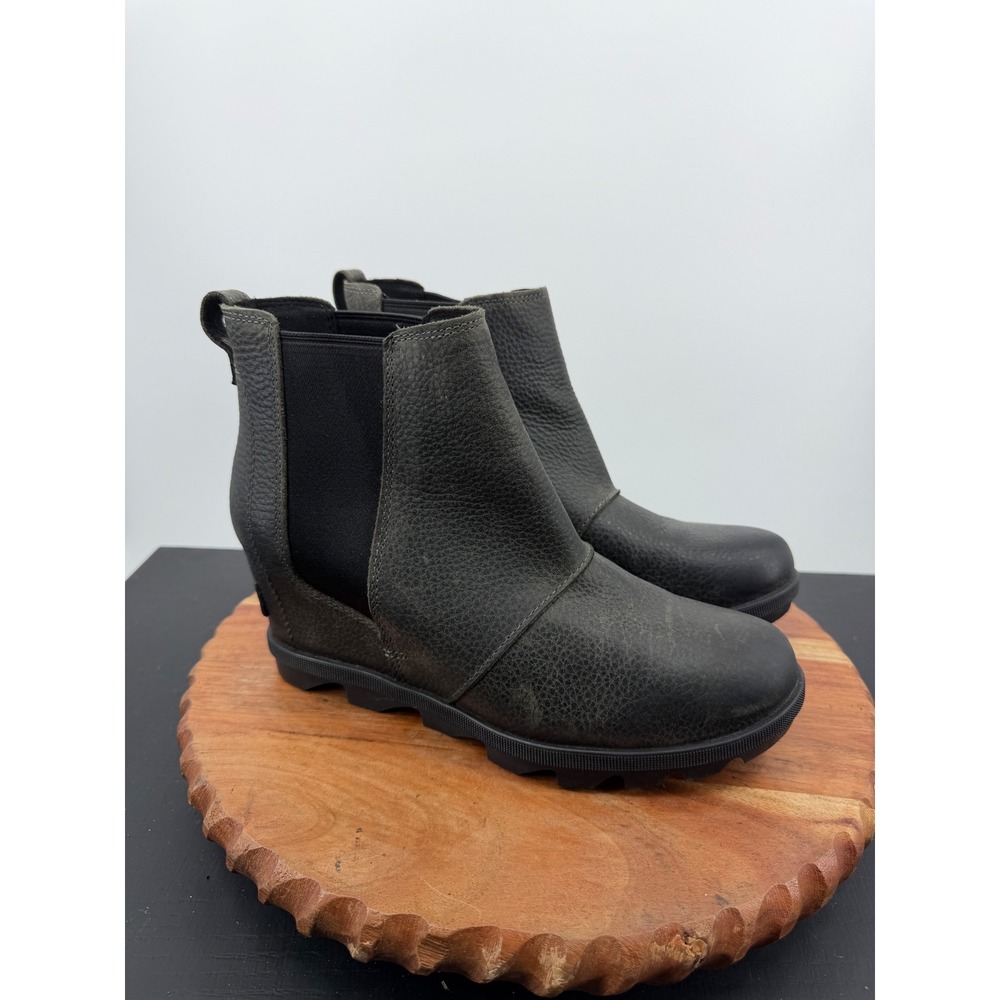 Sorel Joan of Arctic Wedge II Boot Women 9.5 Black gray Leather Chelsea NL3346